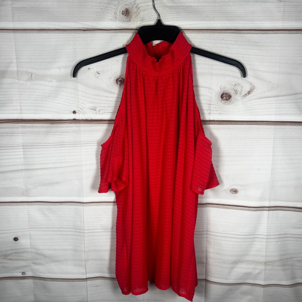 Michael Kors‎ Cold Shoulder Top Womens Large Orange Textured Halter Neck Blouse